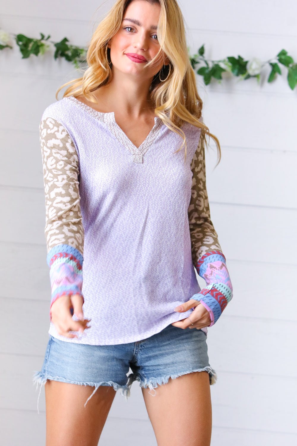 Lilac Animal & Aztec Notched Top - Molliee Boutique