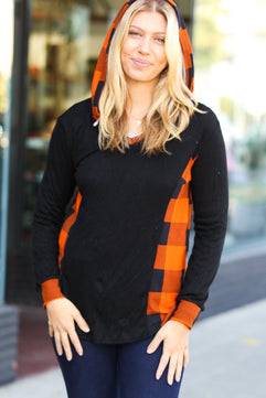 Looking Festive Black & Rust Plaid Hacci Knit Hoodie - Molliee Boutique