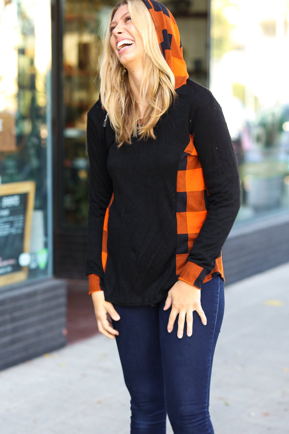 Looking Festive Black & Rust Plaid Hacci Knit Hoodie - Molliee Boutique