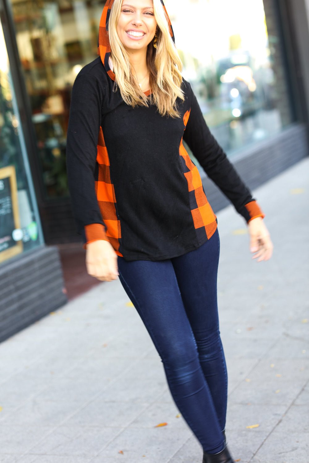 Looking Festive Black & Rust Plaid Hacci Knit Hoodie - Molliee Boutique