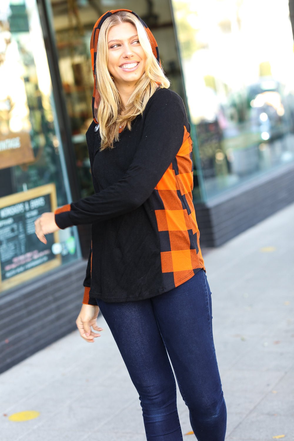 Looking Festive Black & Rust Plaid Hacci Knit Hoodie - Molliee Boutique