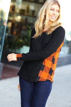 Looking Festive Black & Rust Plaid Hacci Knit Hoodie - Molliee Boutique