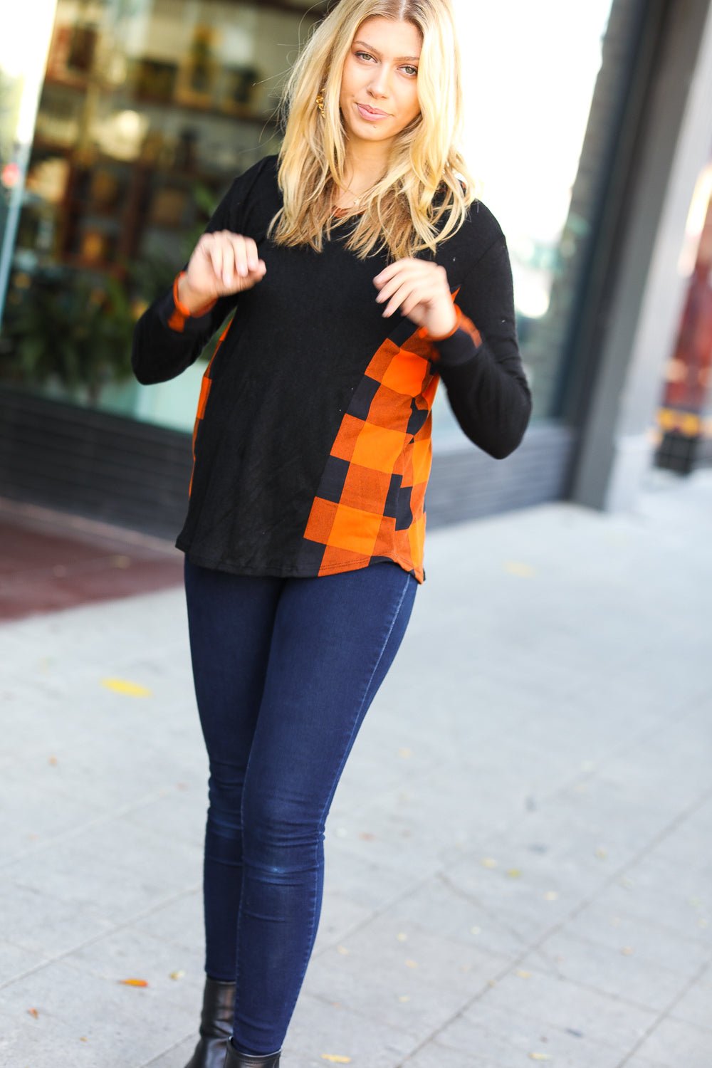 Looking Festive Black & Rust Plaid Hacci Knit Hoodie - Molliee Boutique