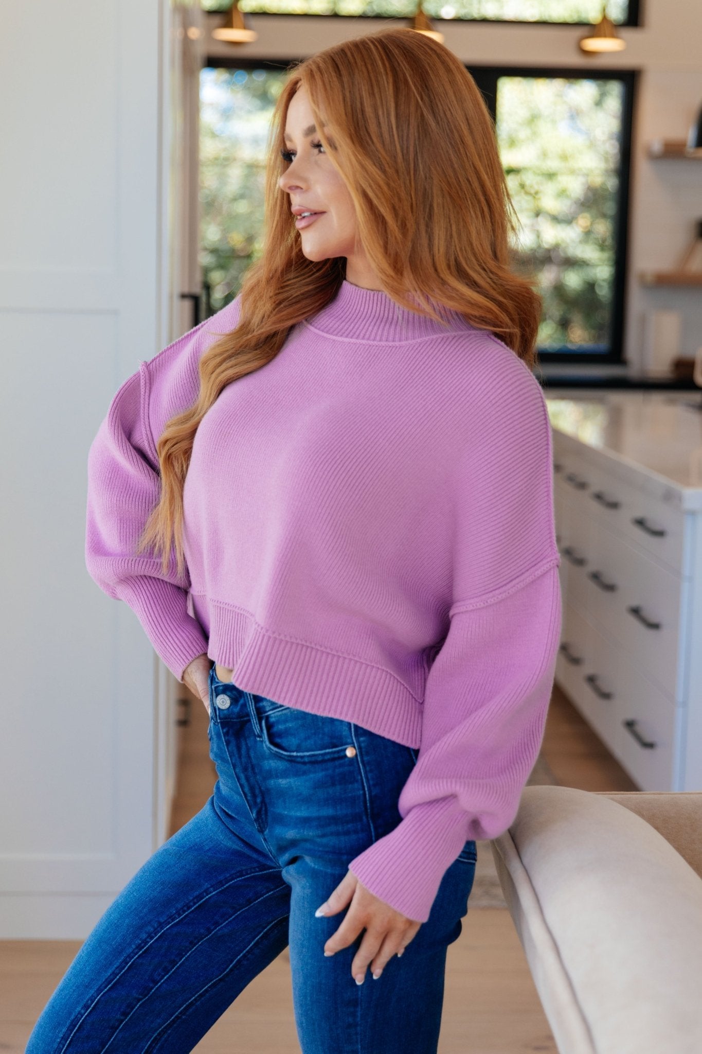 Mags Side Slit Cropped Sweater in Mauve - Molliee Boutique