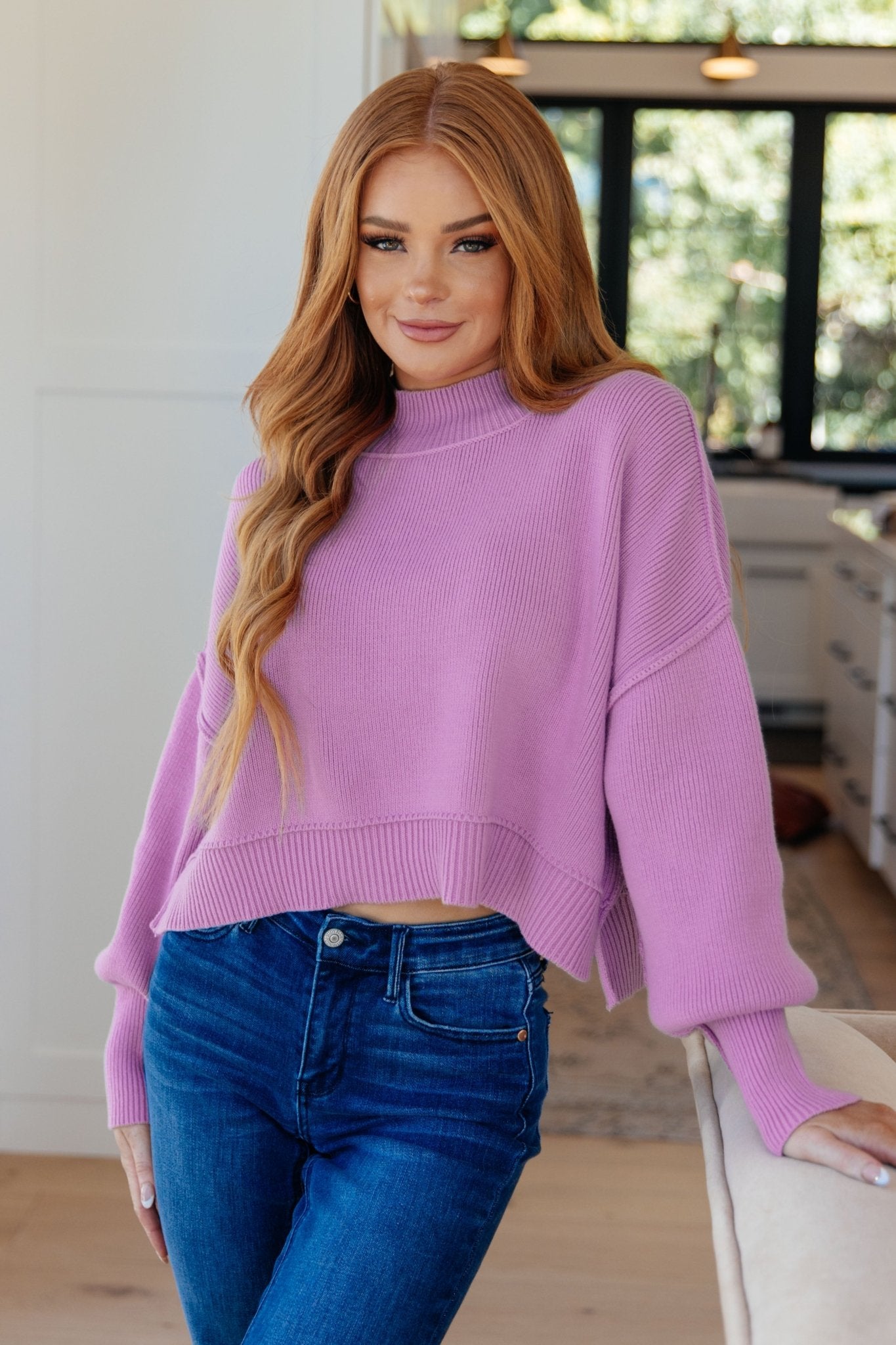 Mags Side Slit Cropped Sweater in Mauve - Molliee Boutique