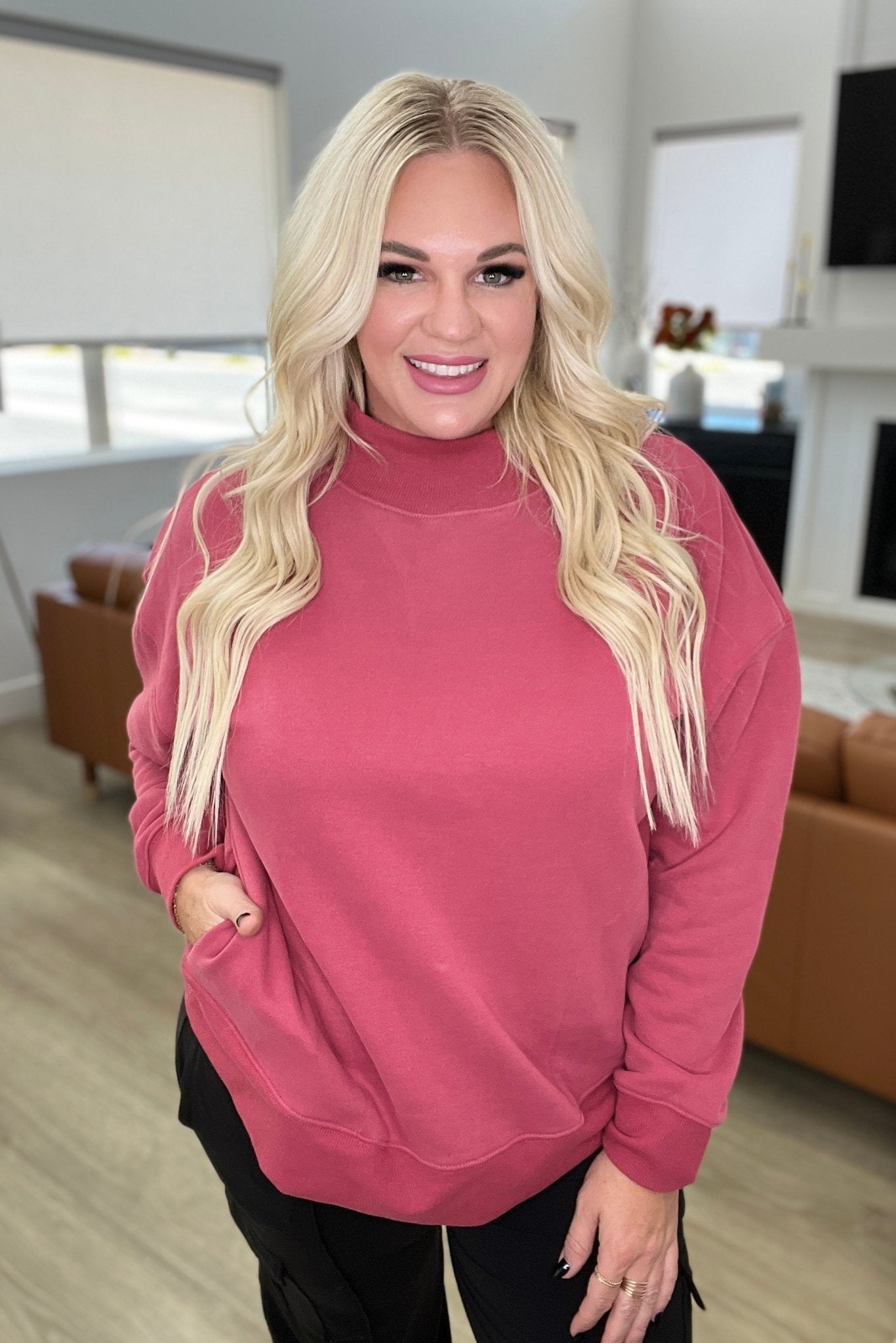 Make No Mistake Mock Neck Pullover in Cranberry - Molliee Boutique