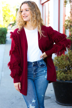 Make Your Day Burgundy Fringe Detail Open Cardigan - Molliee Boutique