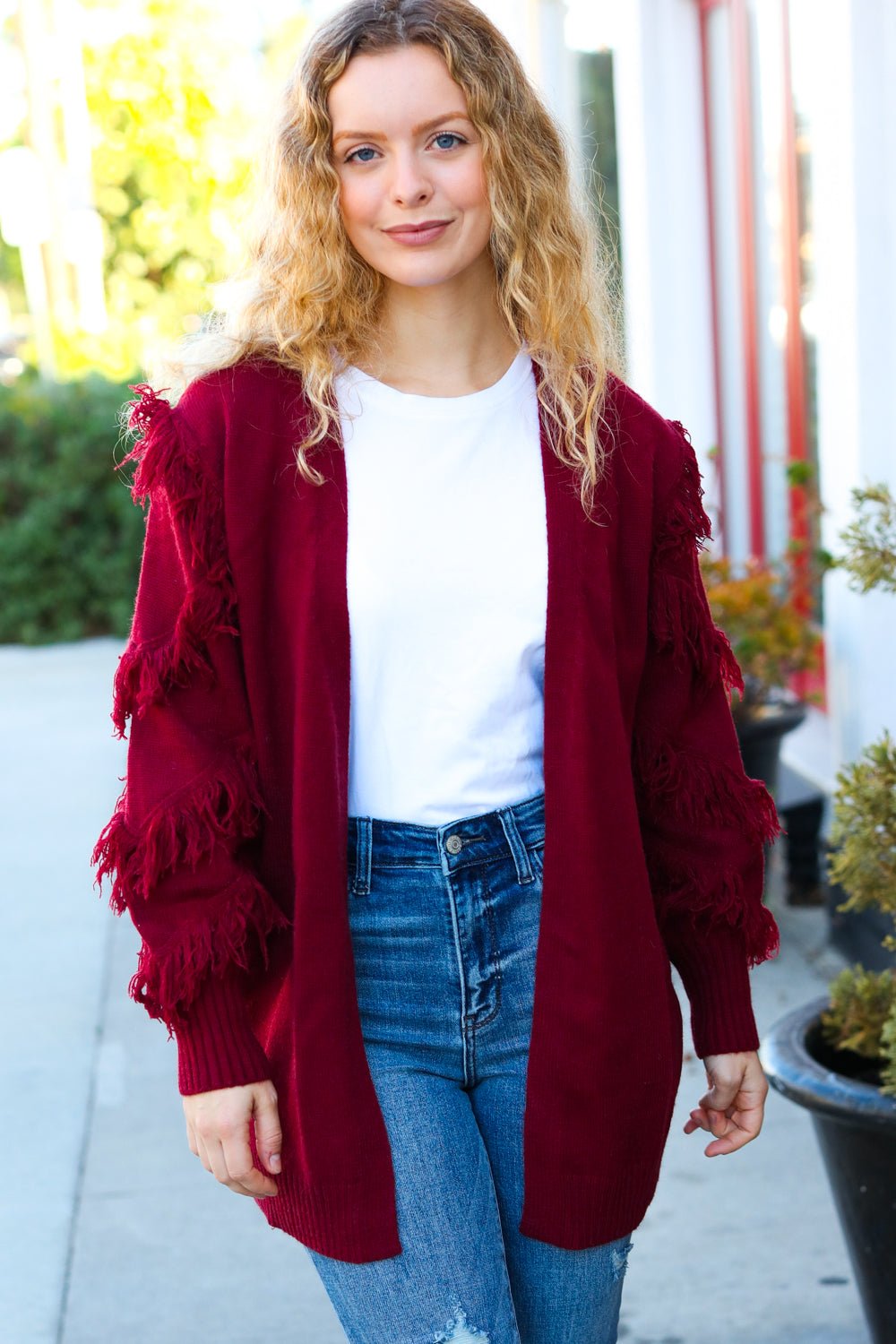 Make Your Day Burgundy Fringe Detail Open Cardigan - Molliee Boutique