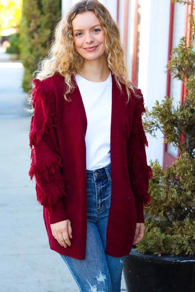 Make Your Day Burgundy Fringe Detail Open Cardigan - Molliee Boutique