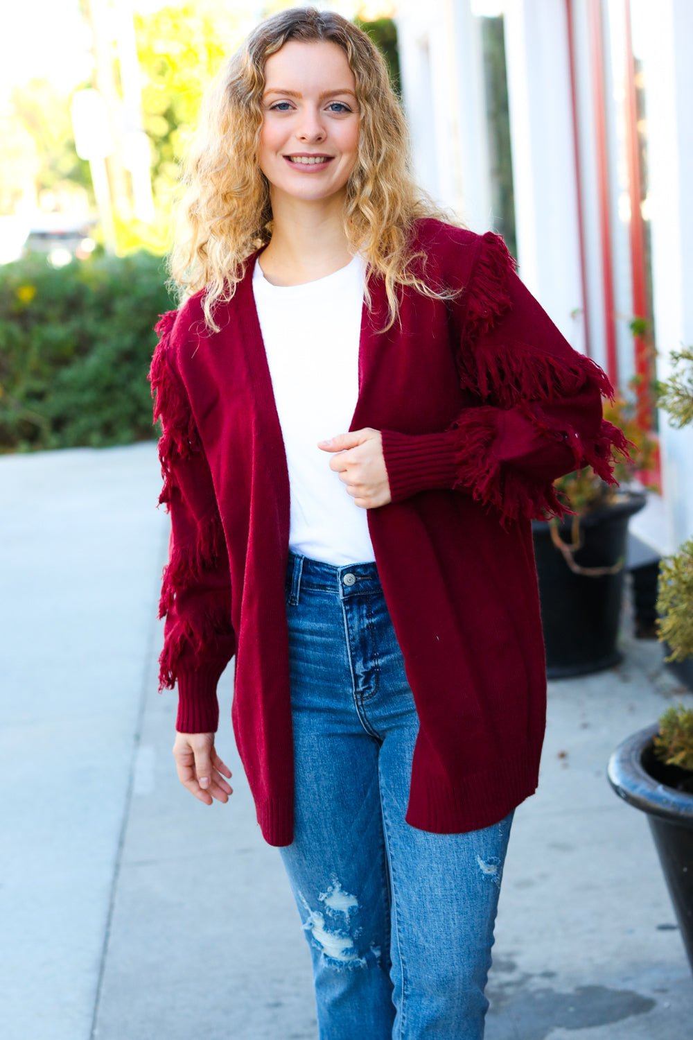 Make Your Day Burgundy Fringe Detail Open Cardigan - Molliee Boutique