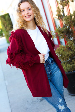 Make Your Day Burgundy Fringe Detail Open Cardigan - Molliee Boutique