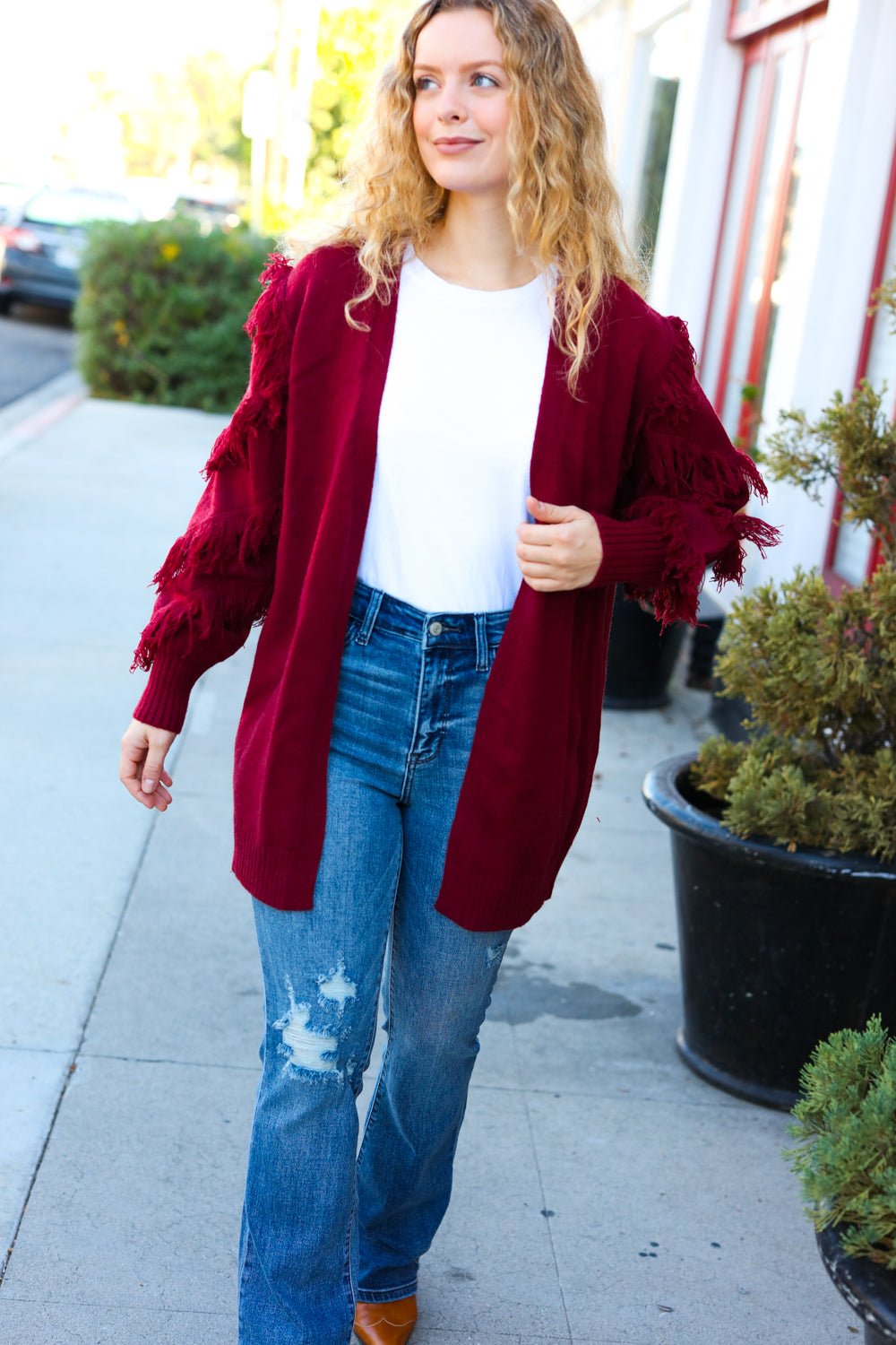 Make Your Day Burgundy Fringe Detail Open Cardigan - Molliee Boutique