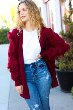 Make Your Day Burgundy Fringe Detail Open Cardigan - Molliee Boutique