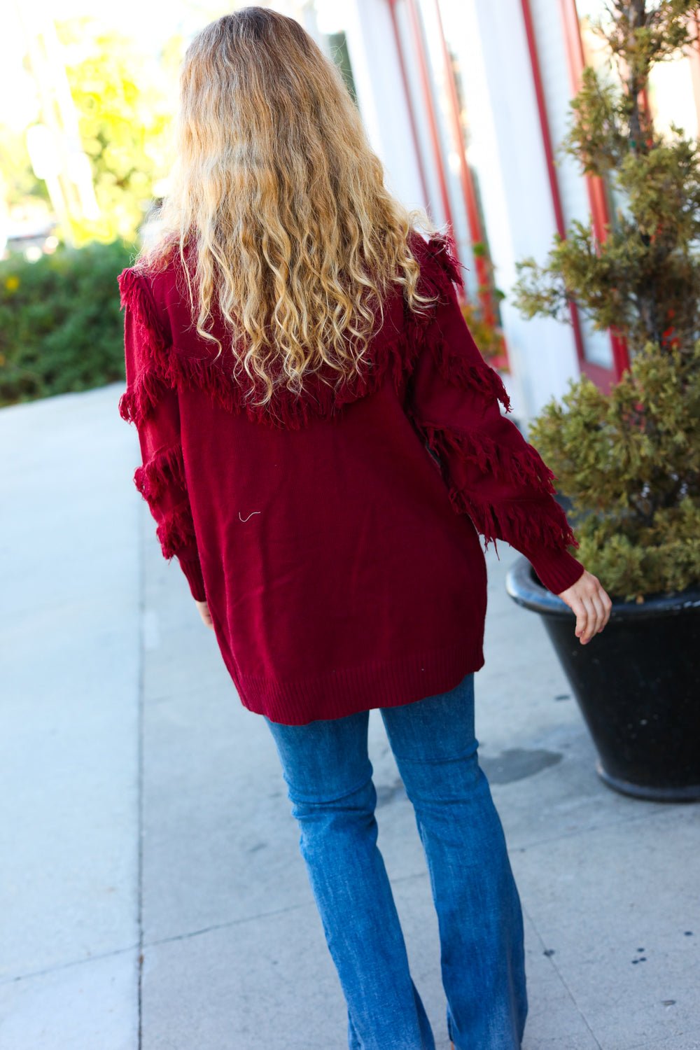 Make Your Day Burgundy Fringe Detail Open Cardigan - Molliee Boutique