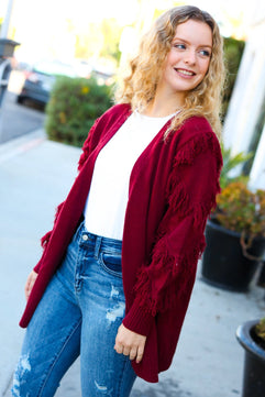 Make Your Day Burgundy Fringe Detail Open Cardigan - Molliee Boutique