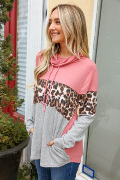 Mauve Cashmere Feel Leopard Print Turtleneck Top - Molliee Boutique