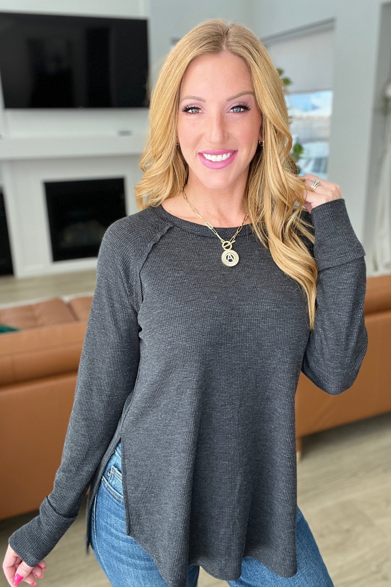 Melange Baby Waffle Long Sleeve Top in Black - Molliee Boutique