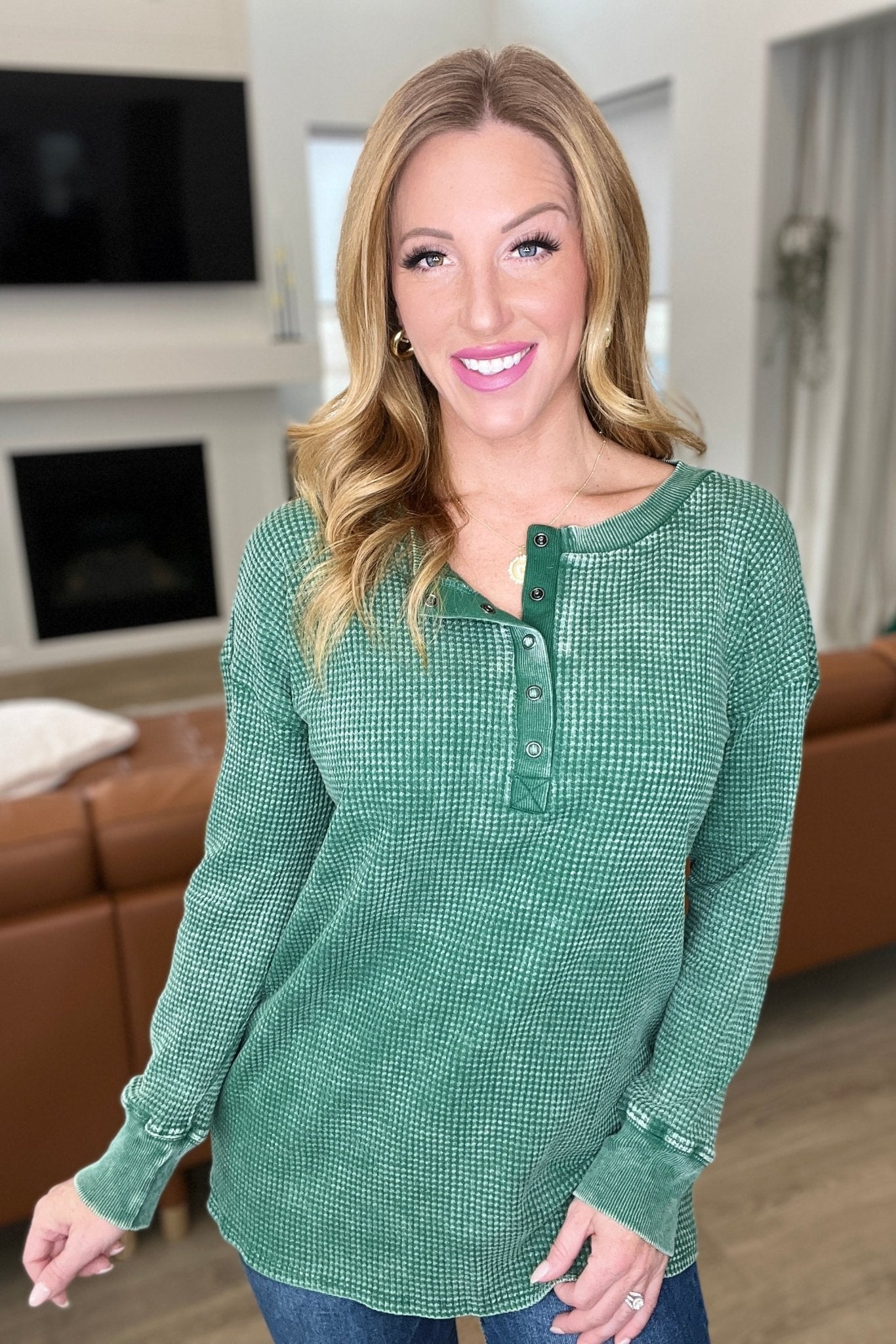 Mineral Wash Baby Waffle Henley in Dark Green - Molliee Boutique