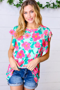 Mint & Fuchsia Floral Ruffle Sleeve Top - Molliee Boutique