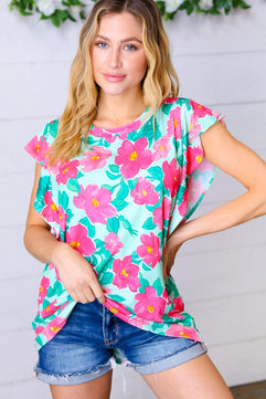 Mint & Fuchsia Floral Ruffle Sleeve Top - Molliee Boutique