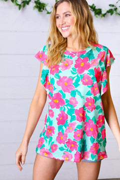 Mint & Fuchsia Floral Ruffle Sleeve Top - Molliee Boutique