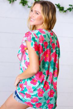 Mint & Fuchsia Floral Ruffle Sleeve Top - Molliee Boutique