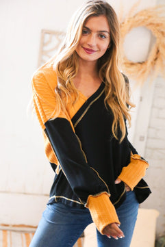 Mustard Cable Knit Outseam V Neck Thumbhole Sweater - Molliee Boutique