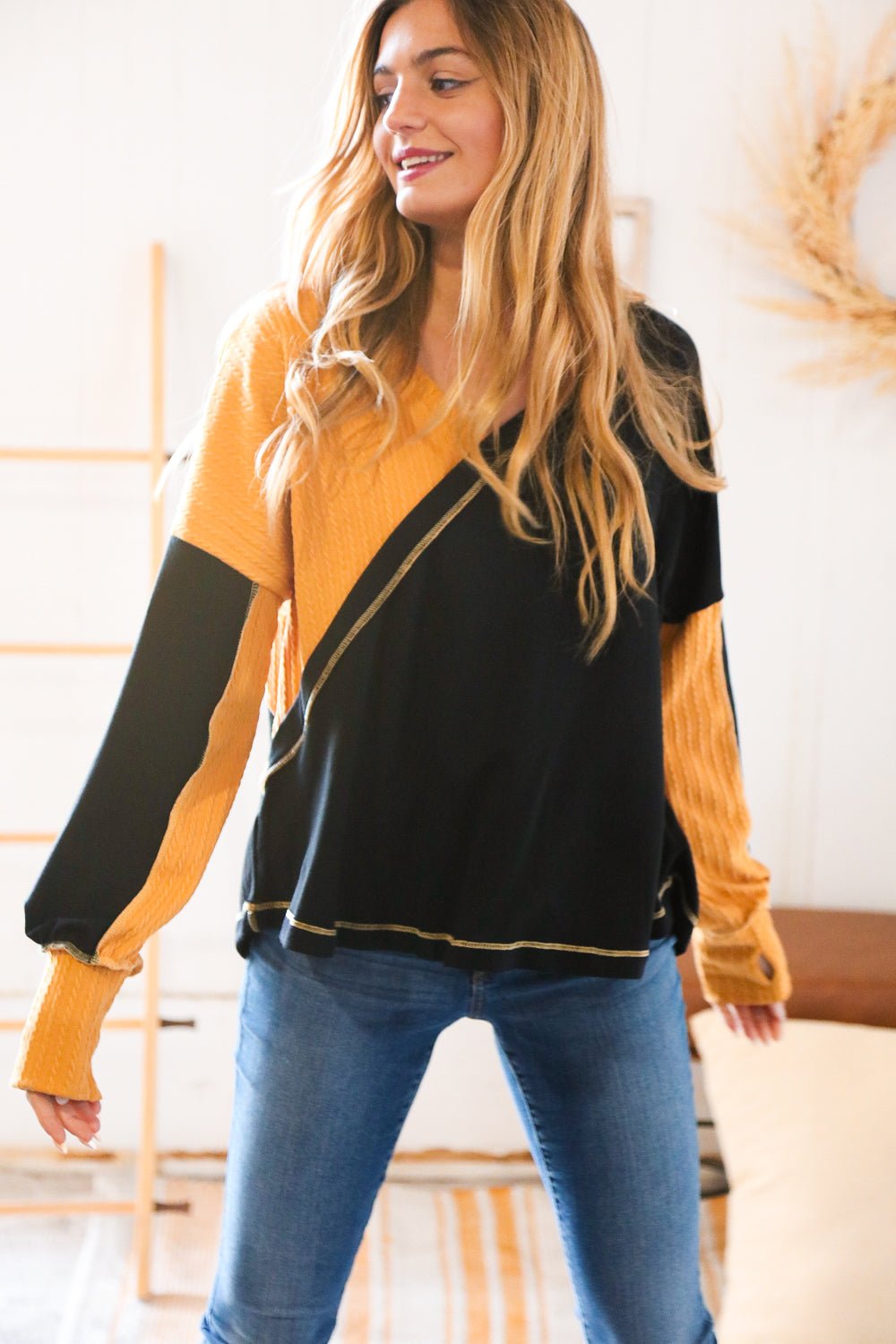 Mustard Cable Knit Outseam V Neck Thumbhole Sweater - Molliee Boutique