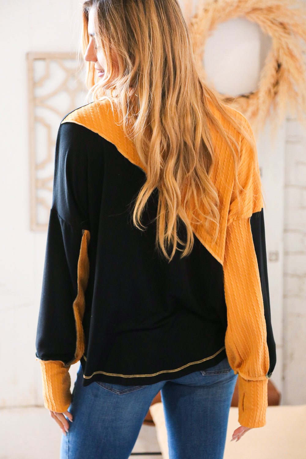 Mustard Cable Knit Outseam V Neck Thumbhole Sweater - Molliee Boutique