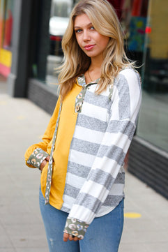 Mustard Stripe & Animal Print Banded Button Down Hoodie - Molliee Boutique