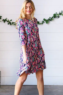 Navy Floral Flare Midi Dress - Molliee Boutique