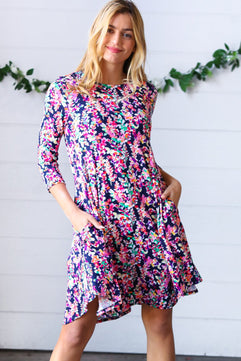 Navy Floral Flare Midi Dress - Molliee Boutique