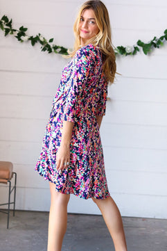 Navy Floral Flare Midi Dress - Molliee Boutique