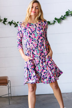 Navy Floral Flare Midi Dress - Molliee Boutique