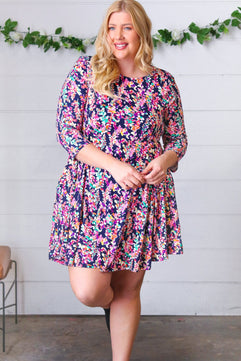 Navy Floral Flare Midi Dress - Molliee Boutique