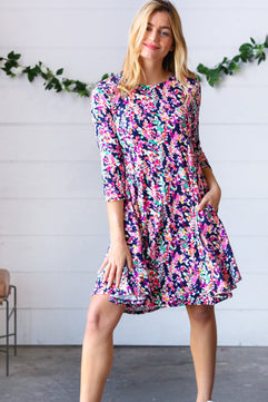 Navy Floral Flare Midi Dress - Molliee Boutique