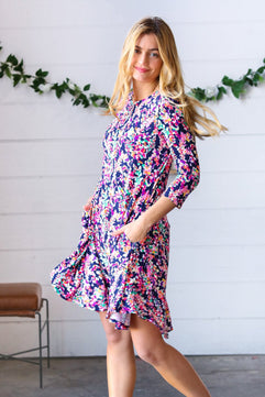 Navy Floral Flare Midi Dress - Molliee Boutique