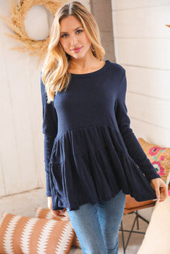 Navy Hacci Ribbed Tiered Babydoll Top - Molliee Boutique