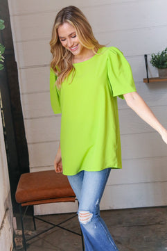 Neon Green Round Neck Puff Sleeve Crepe Top - Molliee Boutique