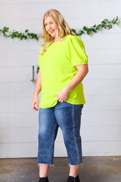 Neon Green Round Neck Puff Sleeve Crepe Top - Molliee Boutique