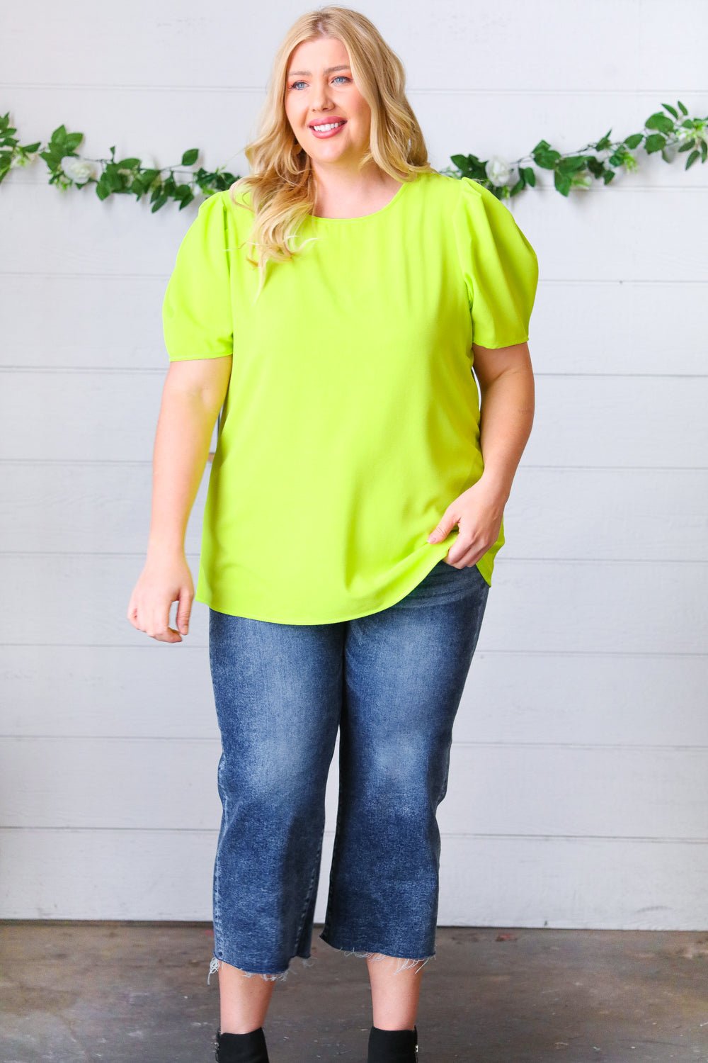 Neon Green Round Neck Puff Sleeve Crepe Top - Molliee Boutique