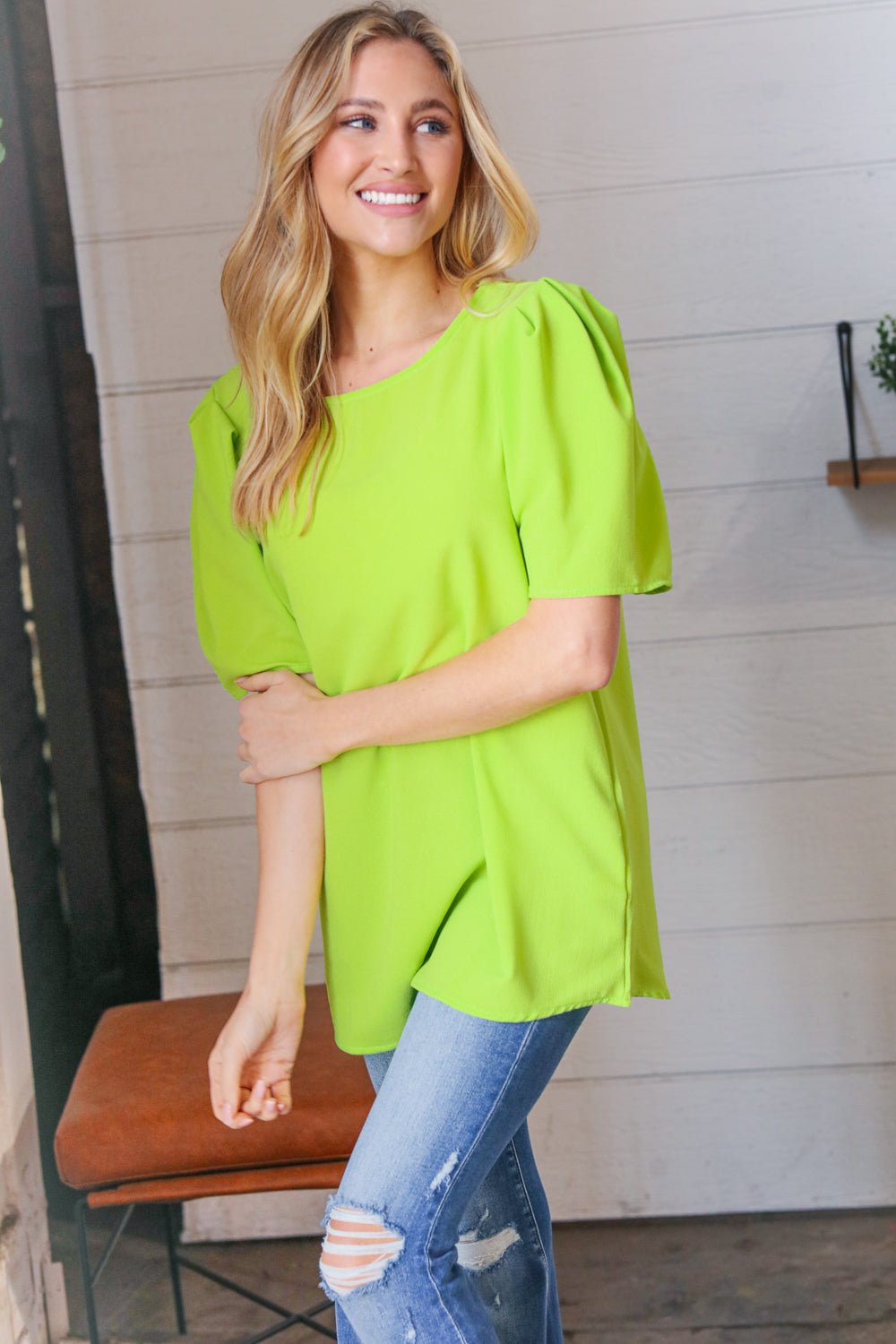 Neon Green Round Neck Puff Sleeve Crepe Top - Molliee Boutique