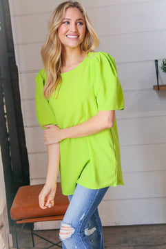 Neon Green Round Neck Puff Sleeve Crepe Top - Molliee Boutique