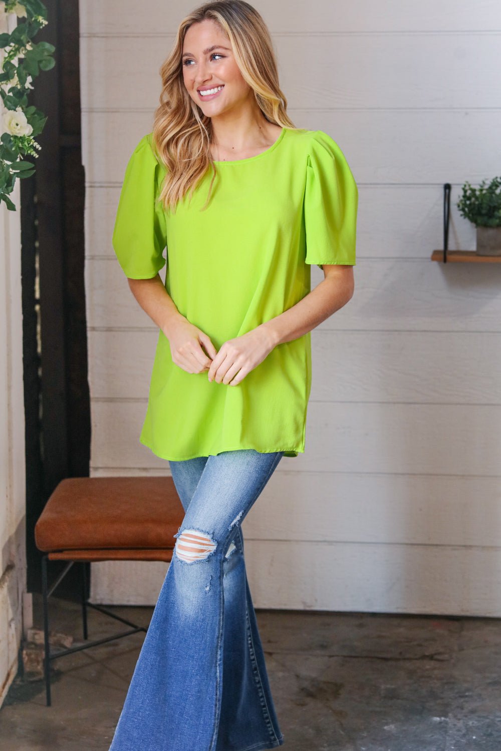 Neon Green Round Neck Puff Sleeve Crepe Top - Molliee Boutique