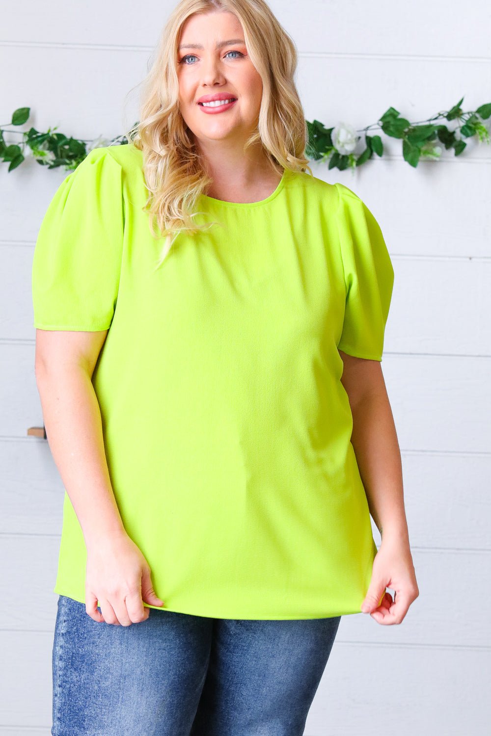 Neon Green Round Neck Puff Sleeve Crepe Top - Molliee Boutique