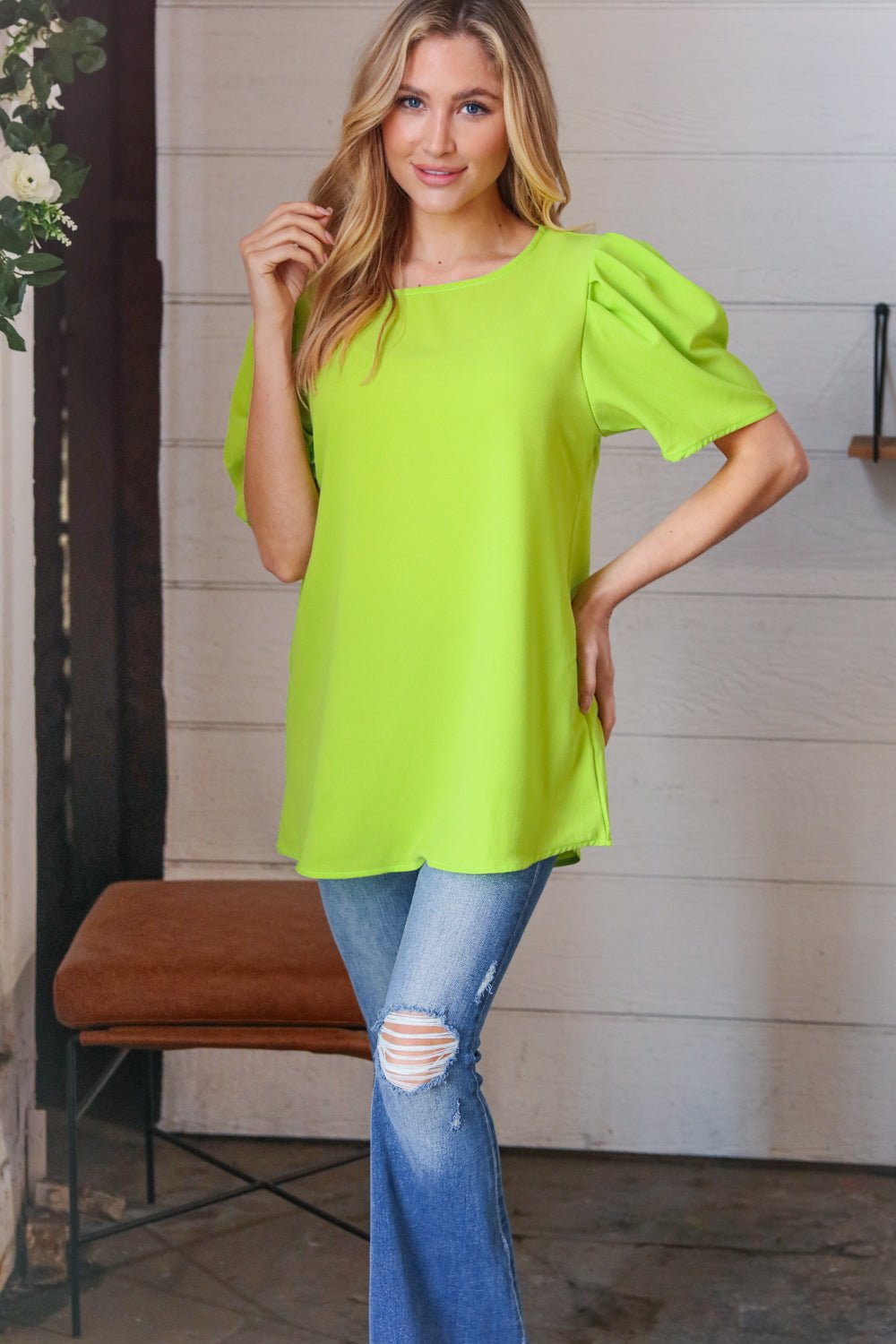 Neon Green Round Neck Puff Sleeve Crepe Top - Molliee Boutique