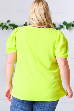 Neon Green Round Neck Puff Sleeve Crepe Top - Molliee Boutique