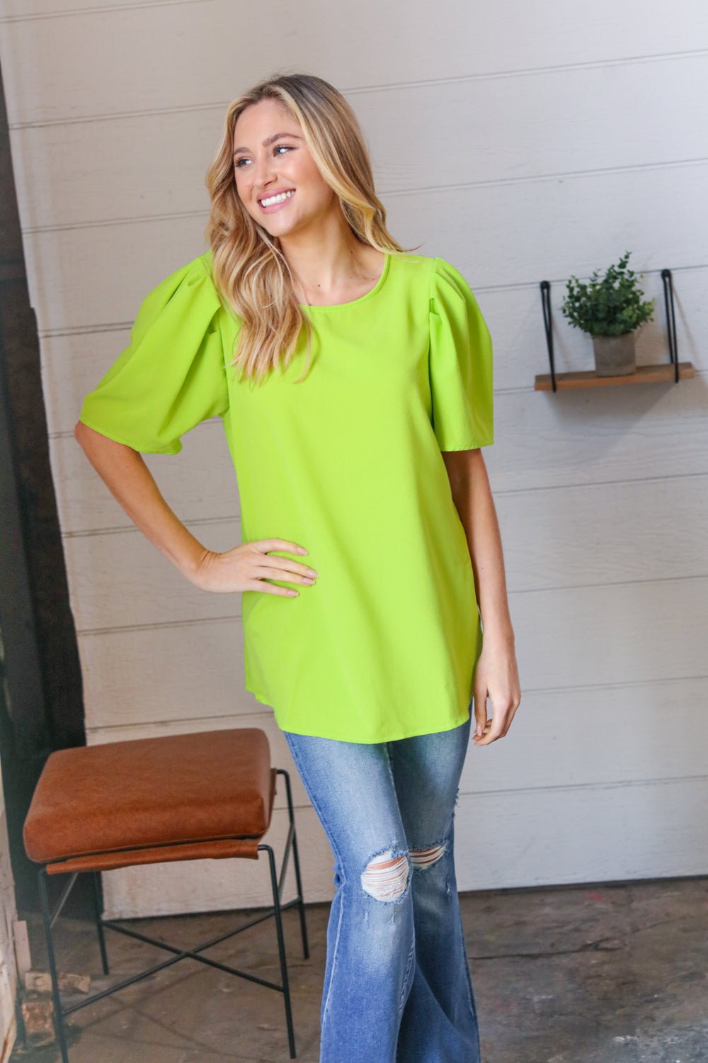 Neon Green Round Neck Puff Sleeve Crepe Top - Molliee Boutique