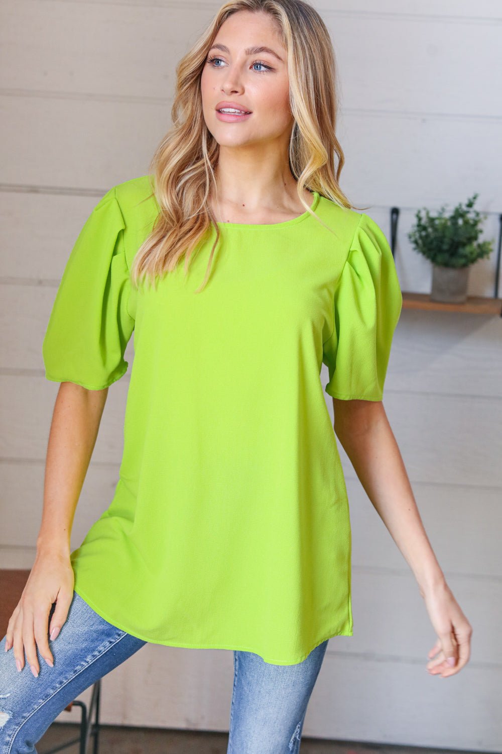 Neon Green Round Neck Puff Sleeve Crepe Top - Molliee Boutique