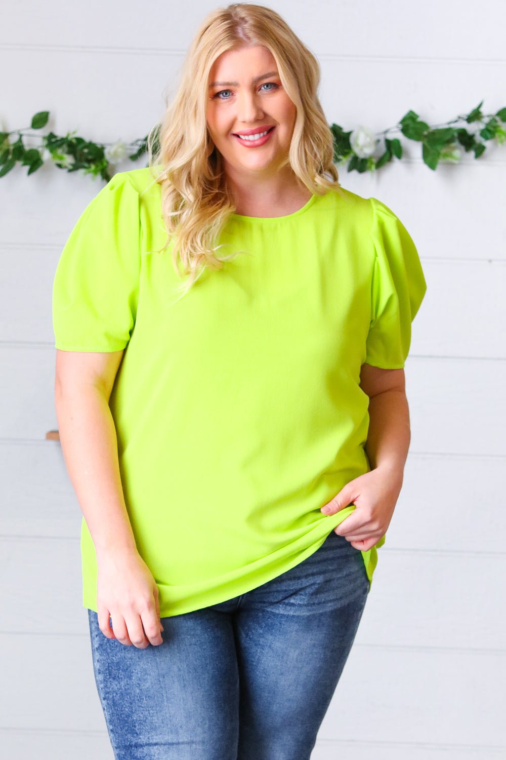 Neon Green Round Neck Puff Sleeve Crepe Top - Molliee Boutique